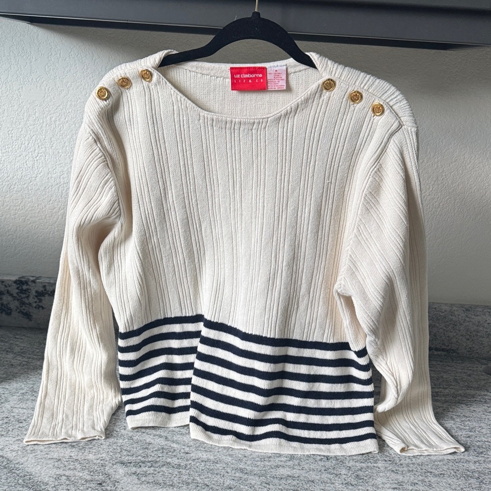 Liz Claiborne Cream Sweater with Black Stripes and Gold Buttons